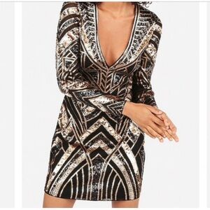 NWT XS Express Black Gold Sequin Long Sleeve Minidress